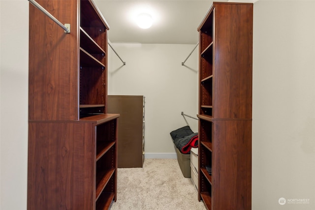 walk in closet with light colored carpet