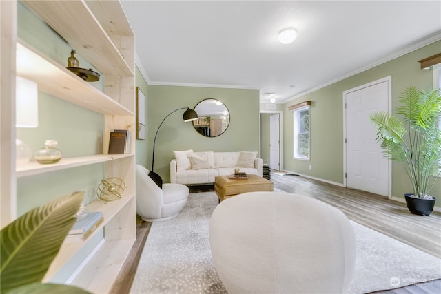 living room with light hardwood / wood-style flooring and crown molding