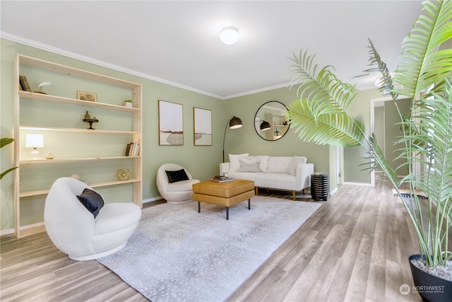 living room with ornamental molding and light hardwood / wood-style flooring