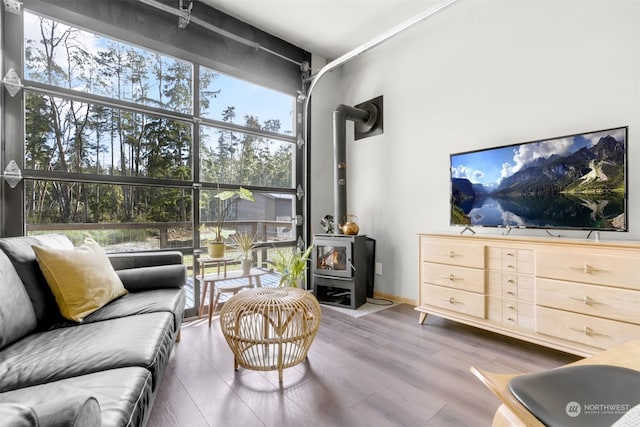 living room with hardwood / wood-style floors, a wealth of natural light, and a wood stove