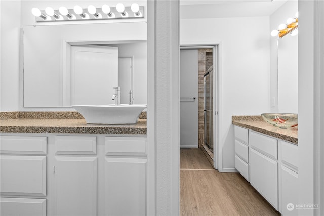 bathroom featuring wood-type flooring, vanity, and a shower with door