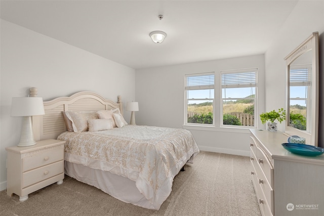 bedroom with light colored carpet