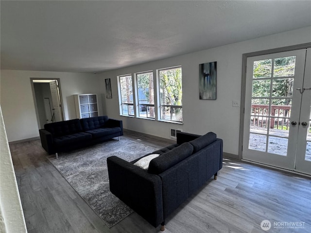 living room featuring wood finished floors, baseboards, and a wealth of natural light