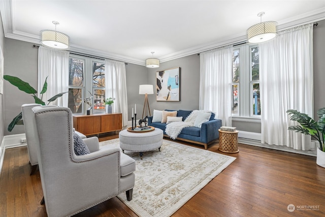 living room with a wealth of natural light, dark wood-type flooring, and crown molding