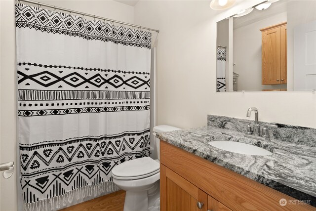 161 Oak St, Quilcene, WA 98376 - bathroom with toilet, vanity, curtained shower, and wood finished floors
