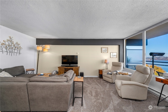 living room featuring carpet flooring, expansive windows, and a textured ceiling