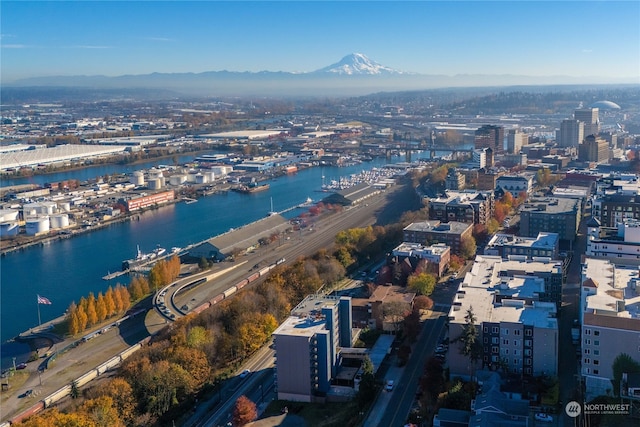 bird's eye view featuring a water and mountain view