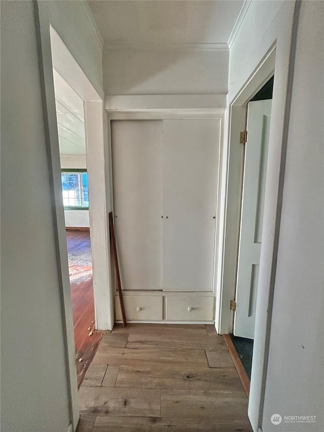 hallway with crown molding and light hardwood / wood-style floors