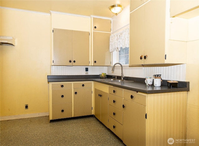 kitchen with dark countertops, baseboards, and a sink