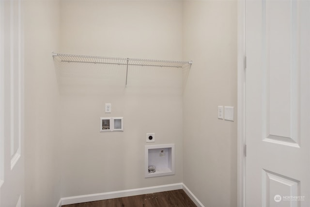 washroom with electric dryer hookup, washer hookup, and dark hardwood / wood-style flooring