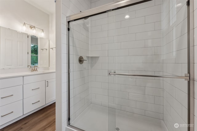 bathroom featuring vanity, wood-type flooring, and a shower with shower door