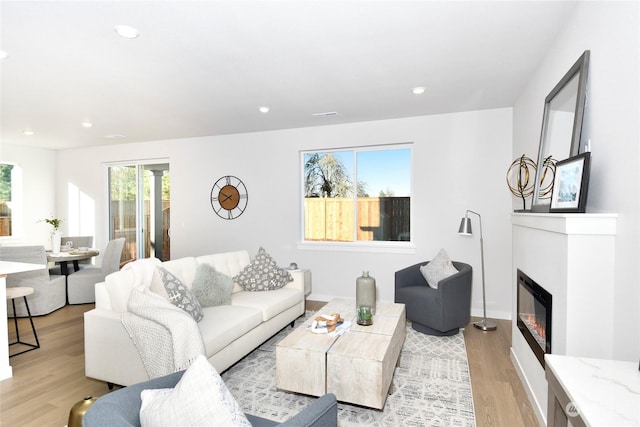 living room with light hardwood / wood-style flooring