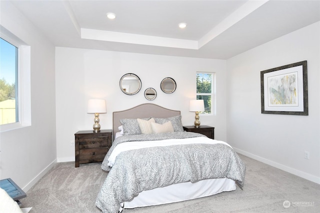 bedroom with a raised ceiling and light colored carpet