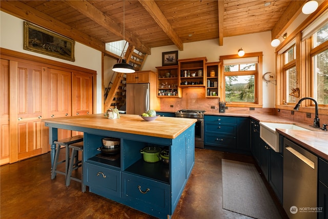 kitchen featuring a wealth of natural light, stainless steel appliances, and wood counters