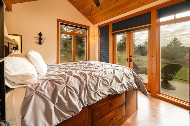 bedroom with access to exterior, wooden ceiling, multiple windows, and lofted ceiling