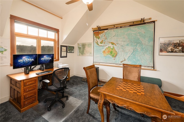 home office with carpet flooring, ceiling fan, and lofted ceiling