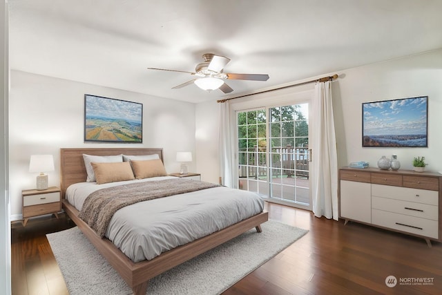 bedroom with ceiling fan, dark hardwood / wood-style flooring, and access to outside