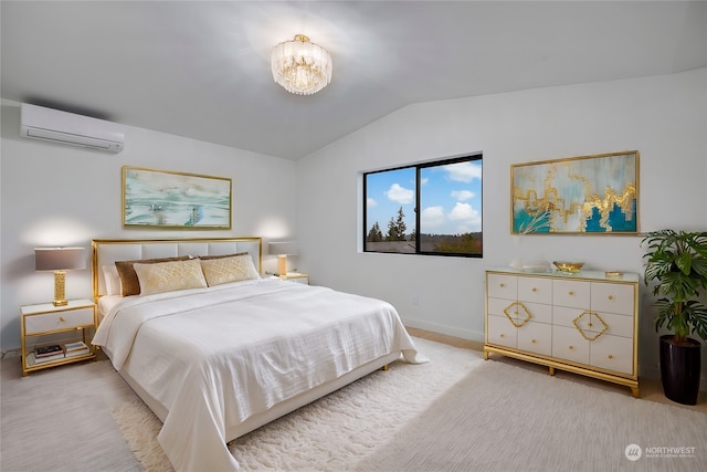 bedroom featuring vaulted ceiling and an AC wall unit