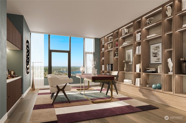 interior space featuring wood-type flooring and a wall of windows