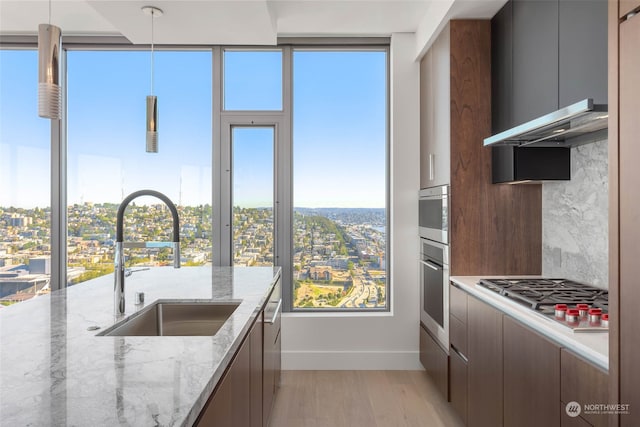 kitchen featuring light stone countertops, appliances with stainless steel finishes, sink, light hardwood / wood-style floors, and range hood