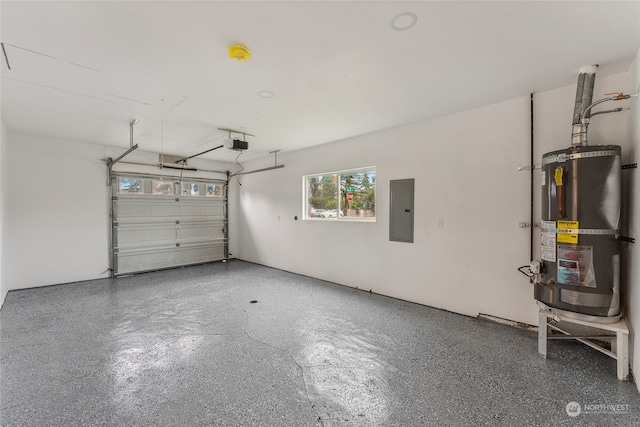 garage with a garage door opener, electric panel, and secured water heater