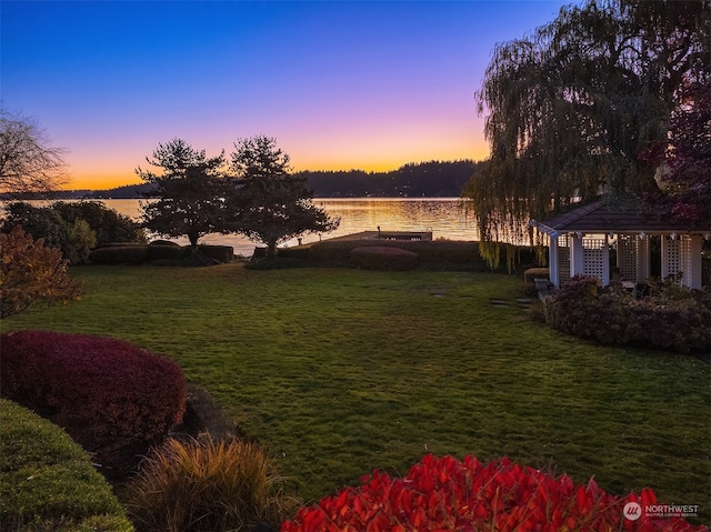 yard at dusk with a water view