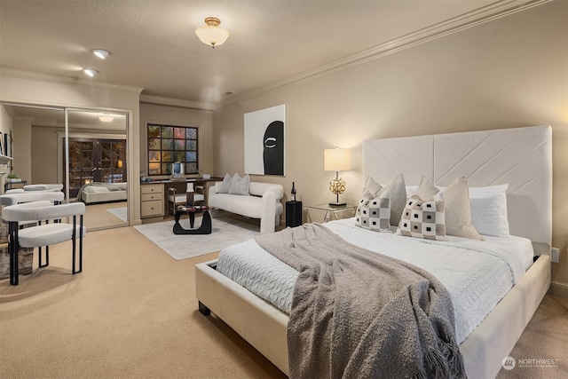 carpeted bedroom featuring crown molding