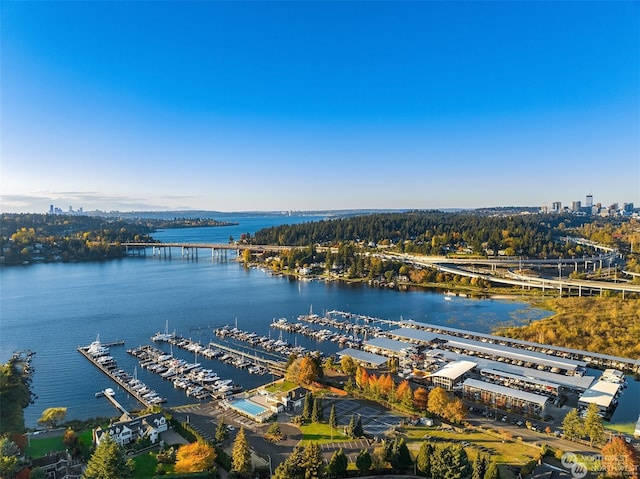 drone / aerial view featuring a water view