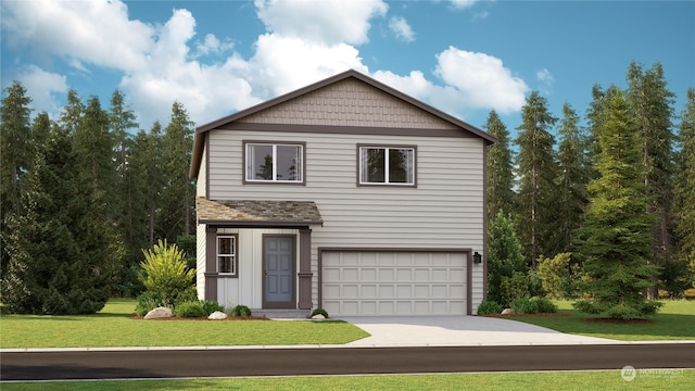 view of property featuring a garage and a front lawn