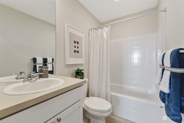 full bathroom with shower / bathtub combination with curtain, vanity, and toilet