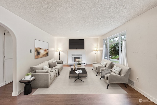 living room with hardwood / wood-style floors, a fireplace, and a textured ceiling