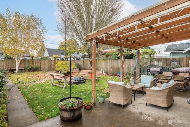 view of patio featuring outdoor lounge area and a pergola