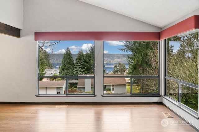 unfurnished sunroom with a water view, a healthy amount of sunlight, and vaulted ceiling