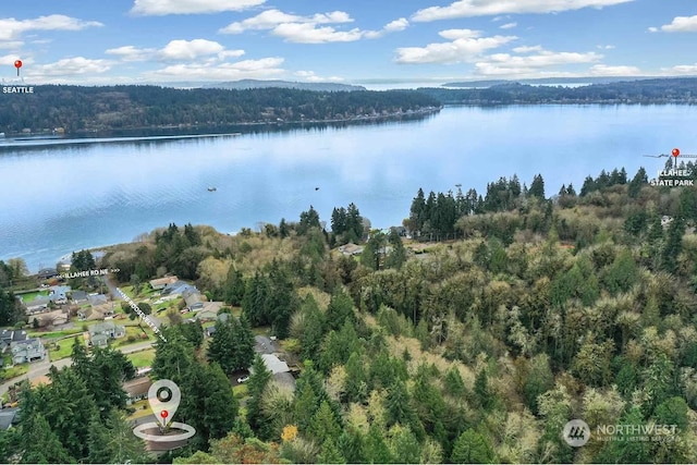 aerial view featuring a water view