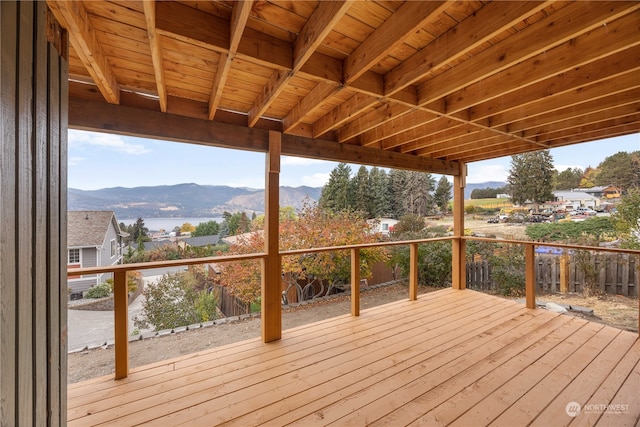 wooden terrace featuring a mountain view