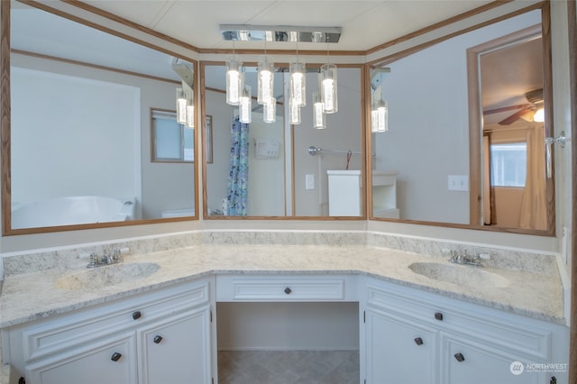 bathroom featuring a wealth of natural light, vanity, ceiling fan, and a shower with door