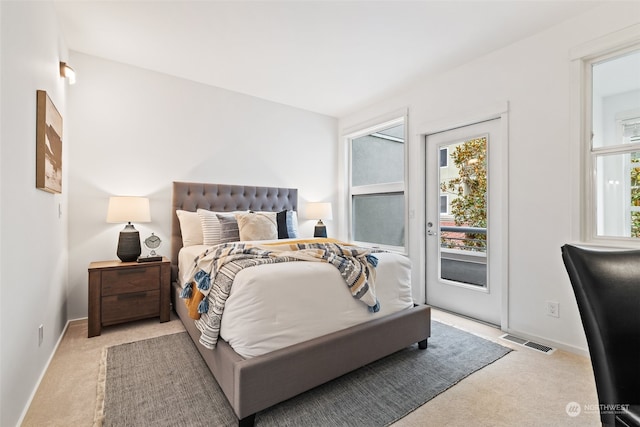 bedroom featuring access to exterior, light carpet, and multiple windows