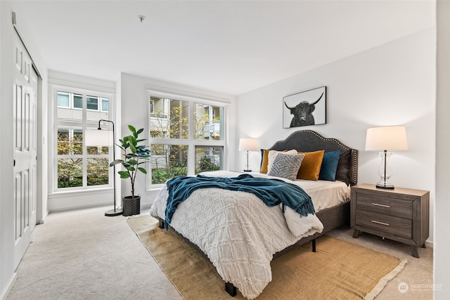 bedroom featuring light colored carpet and multiple windows