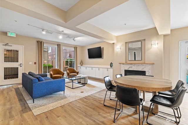 living room featuring a high end fireplace, light wood-type flooring, and rail lighting