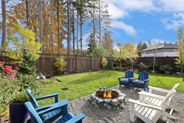 view of yard with a patio area and an outdoor fire pit