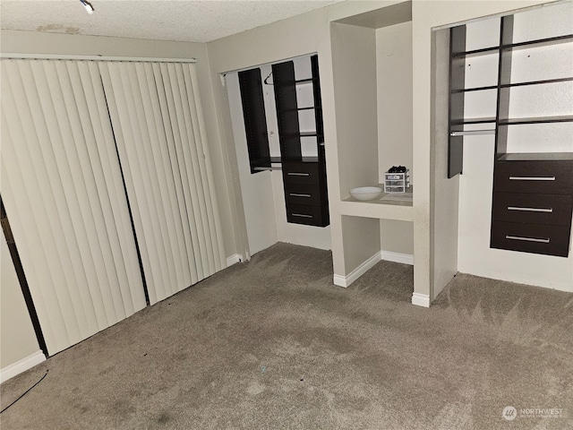 interior space featuring multiple closets, a textured ceiling, and carpet