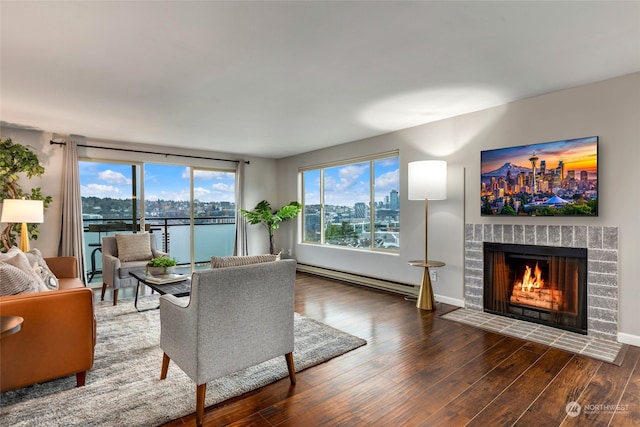 living room featuring dark hardwood / wood-style flooring, a fireplace, and a baseboard radiator