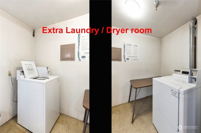 clothes washing area featuring separate washer and dryer