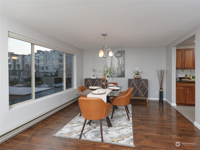 dining room with dark hardwood / wood-style floors and a chandelier