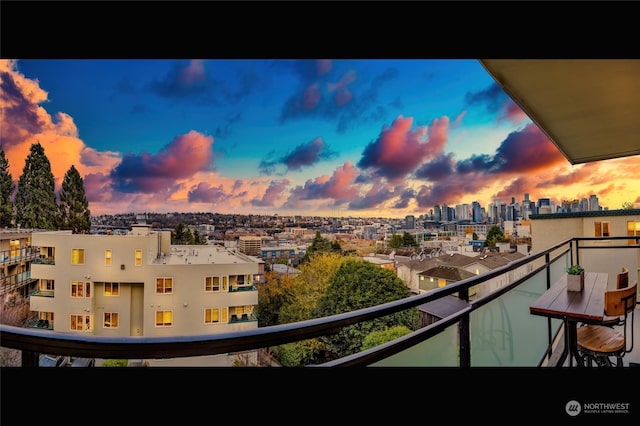 view of balcony at dusk