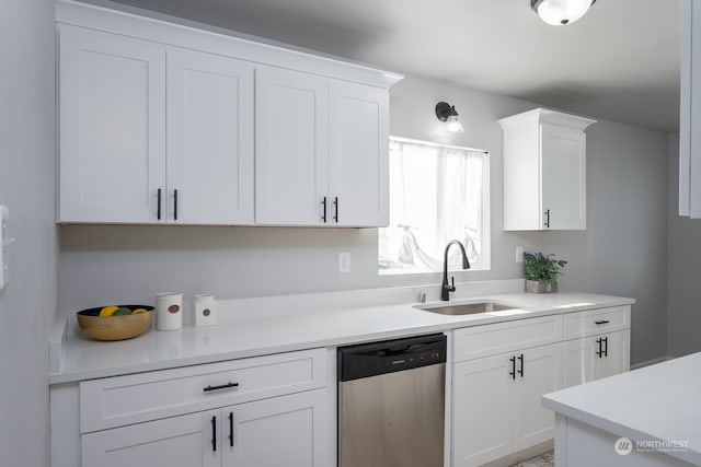 kitchen with dishwasher, sink, and white cabinets