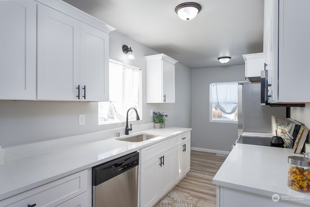 kitchen with white cabinetry, sink, light wood-type flooring, and appliances with stainless steel finishes