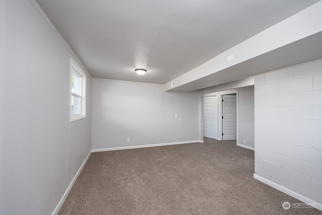 basement with ornamental molding, carpet floors, and a textured ceiling