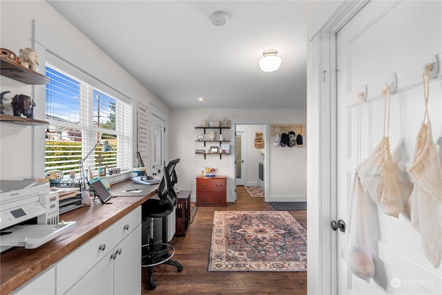 office area featuring dark hardwood / wood-style flooring and built in desk