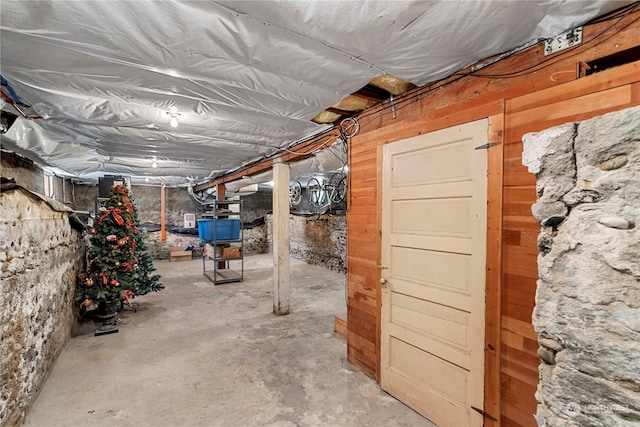 basement featuring wood walls